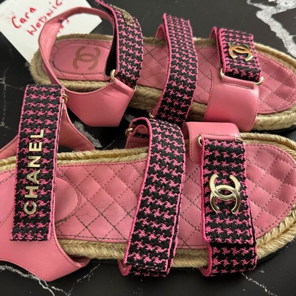 CHANEL Pink Tweed Dad Sandals Rare Colorway Size 38 in ORIGINAL BOX - Picture 8 of 11